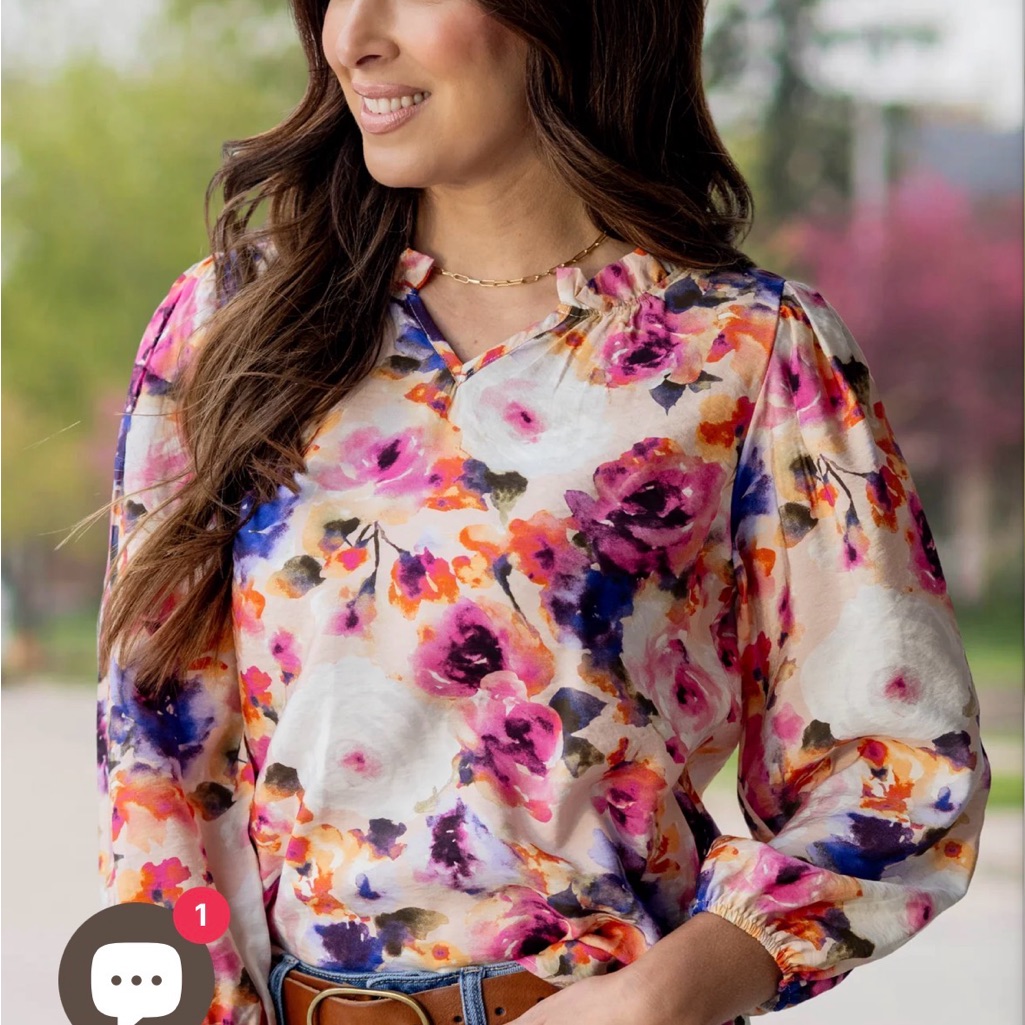 Betsy’s Boutique Floral Watercolor V-Neck Long Sleeve Top - Pink Multi